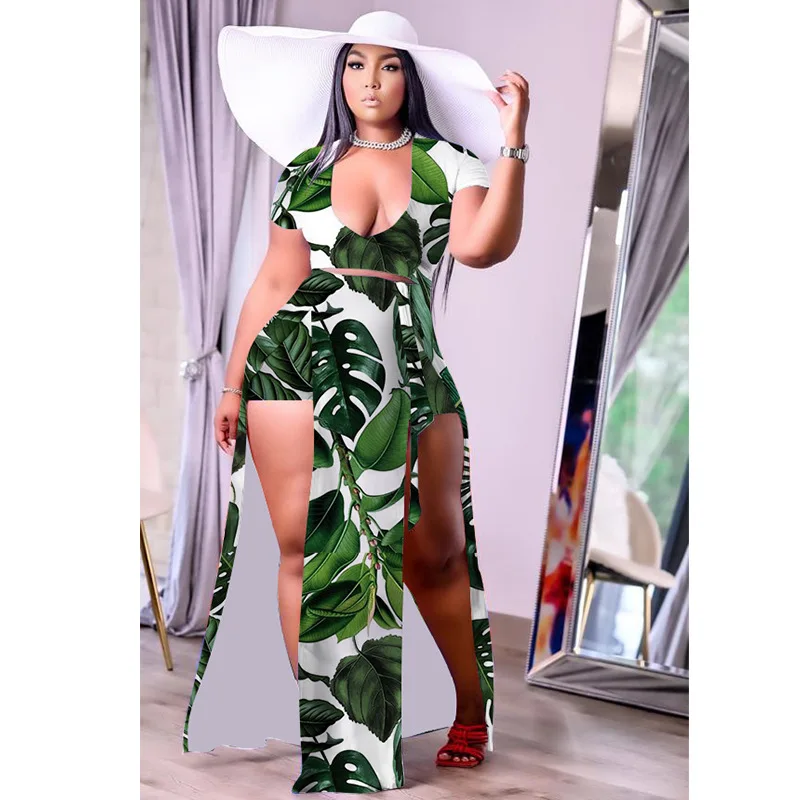 

Plus Size Two Piece Sets Summer Women Shirt and Dress 2022 Sexy Floral Leaf Print Outfit Female Fashion V Neck Elegant Clothing