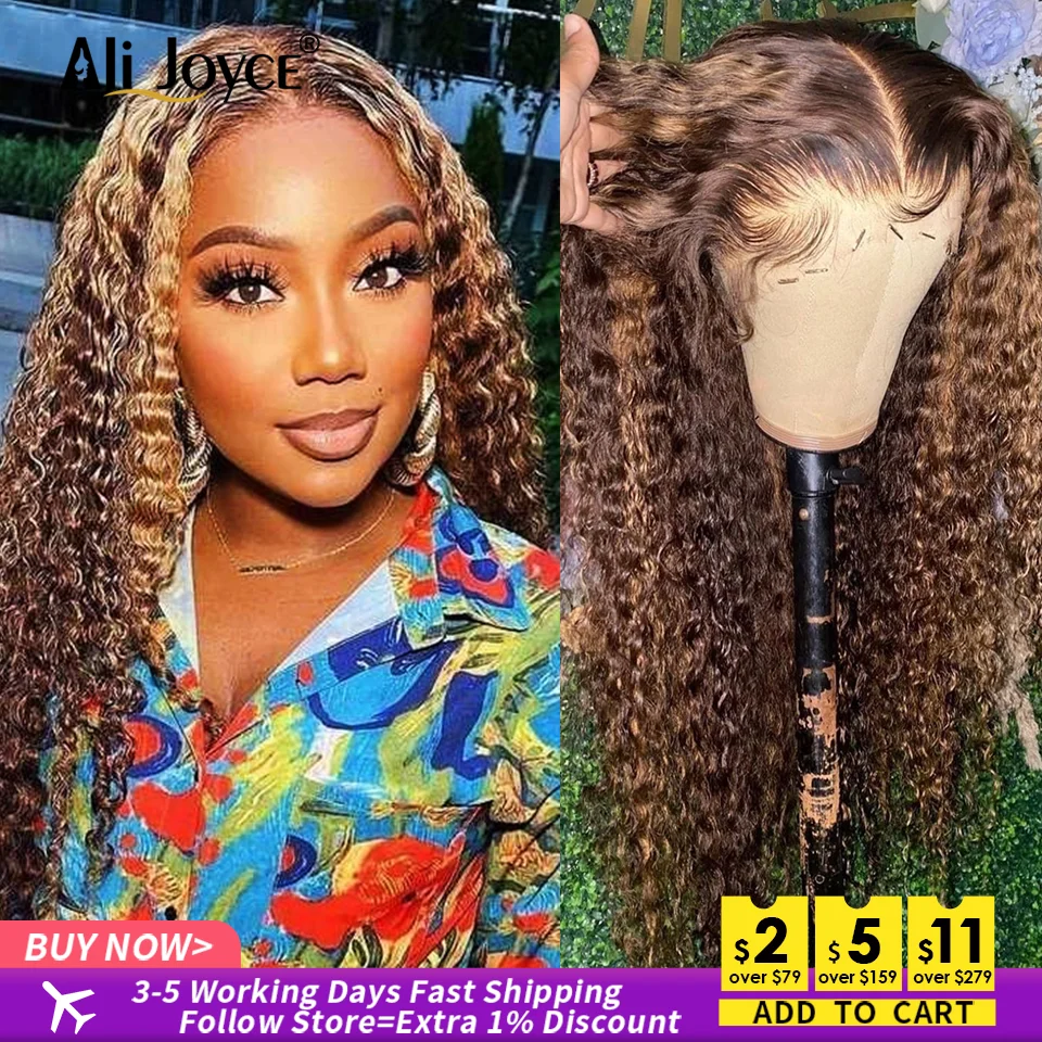 Curly Highlight Wigs For Women Human Hair Preplucked 13x4 Brazilian Hair Ombre Brown Honey Blond Curly Lace Front Human Hair Wig