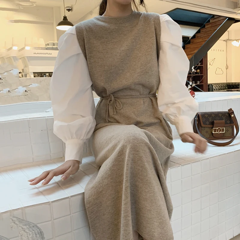 

Fashion Women Patchwork Knit Dress Spring Autumn Office Lady Puff Sleeve Dress