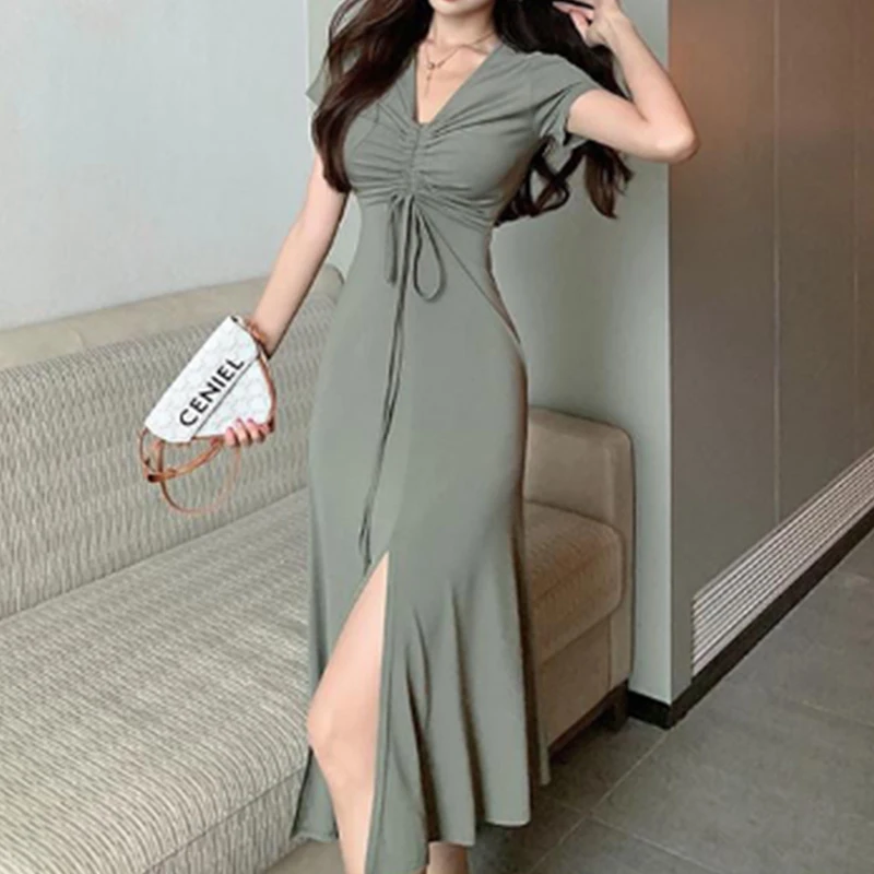 2022 Summer Sexy Solid Color Folds Drawstring Bandage Slit Midi Dress Waist Elegant Party Holiday Dresses Casual Robe Vestidos images - 6