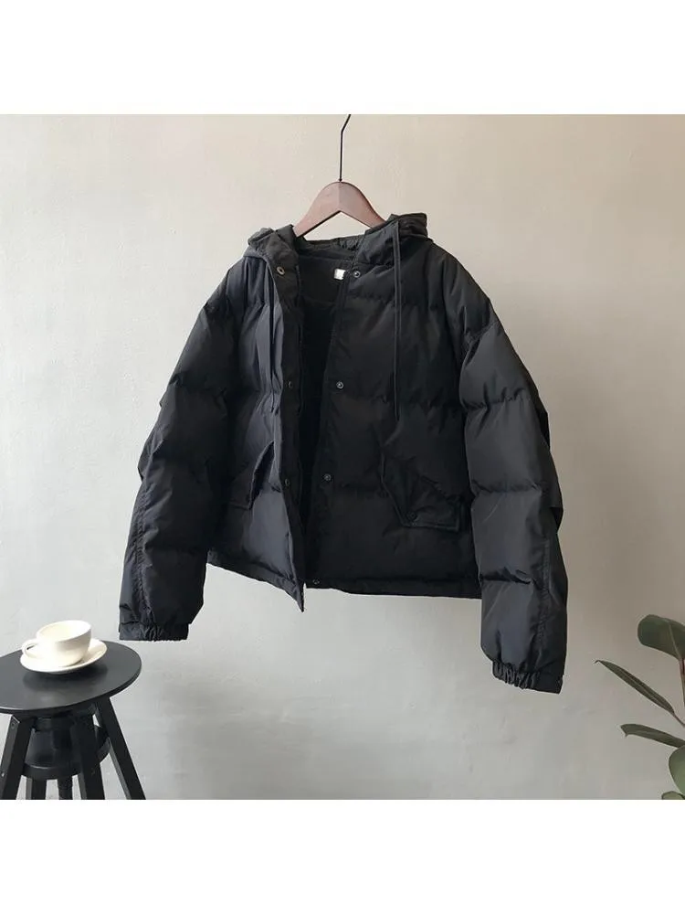 Black Short Thick Cotton-Padded Hooded Parkas Jacket Women 2022 Winter Korean Version Loose Warm Bread Clothing Coats
