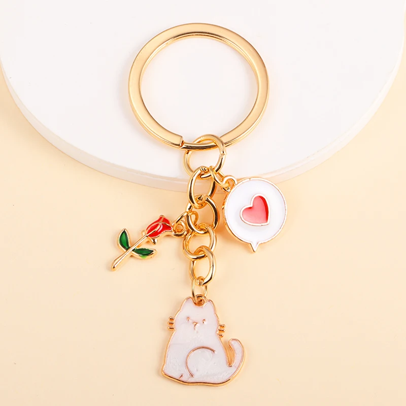 

New Fashion Cute Love Cat Rose Charms Keychains Kawaii Animal Key Holder For Women Men Handbag Car Key Accessories Party Gifts