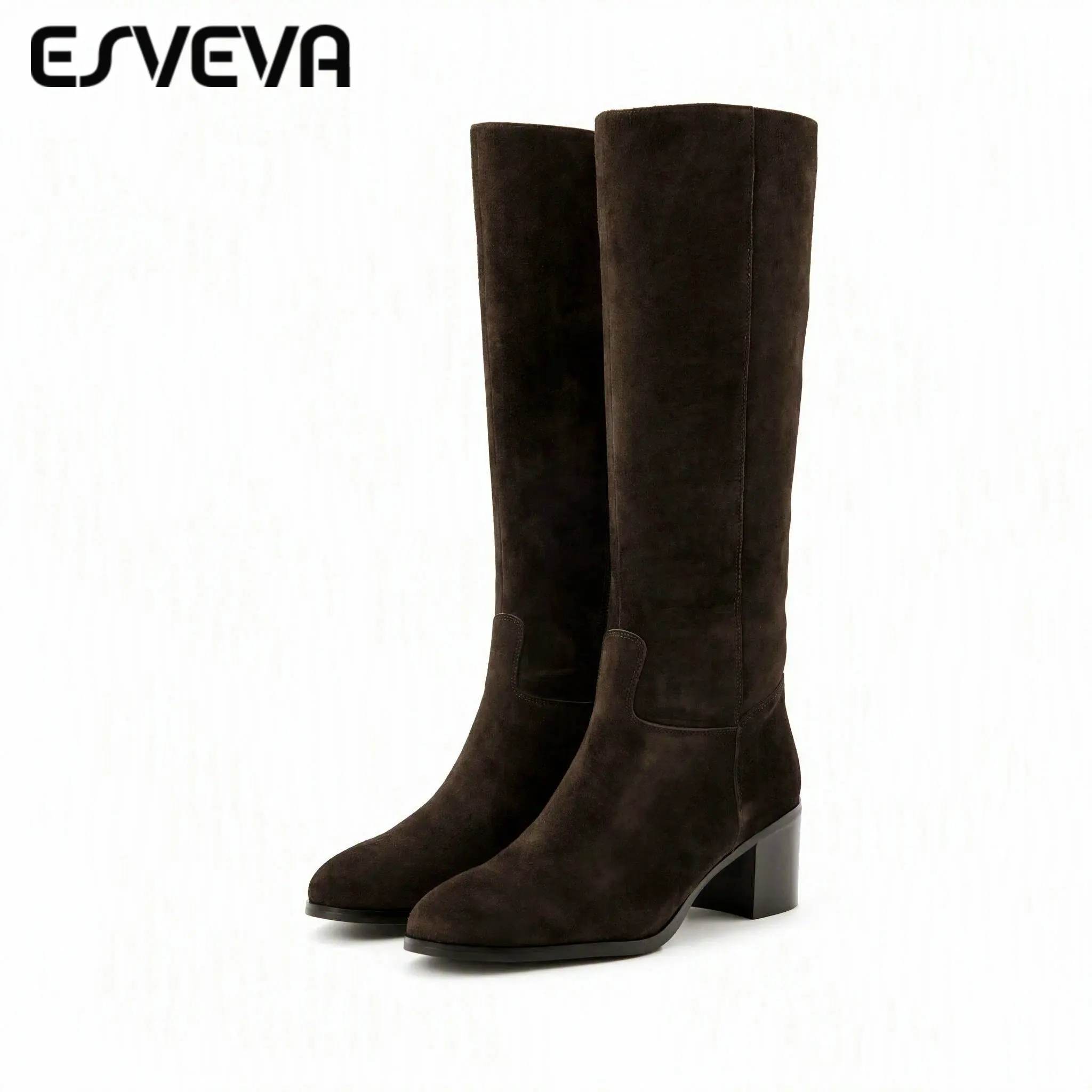 Фото ESVEVA Fashion News Женские высокие сапоги из замши, зимняя женская обувь на высоком каблуке, осенние мотоциклетные сапоги в западном стиле, размеры 34-43. №1