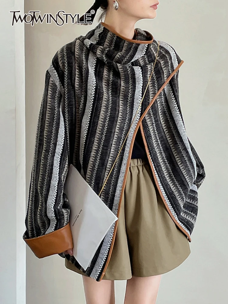 

TWOTWINSTYLE Loose Vintage Jacket For Women Turtleneck Long Sleeve Knitted Patchwork PU Leather Colorblock Jackets Female Style