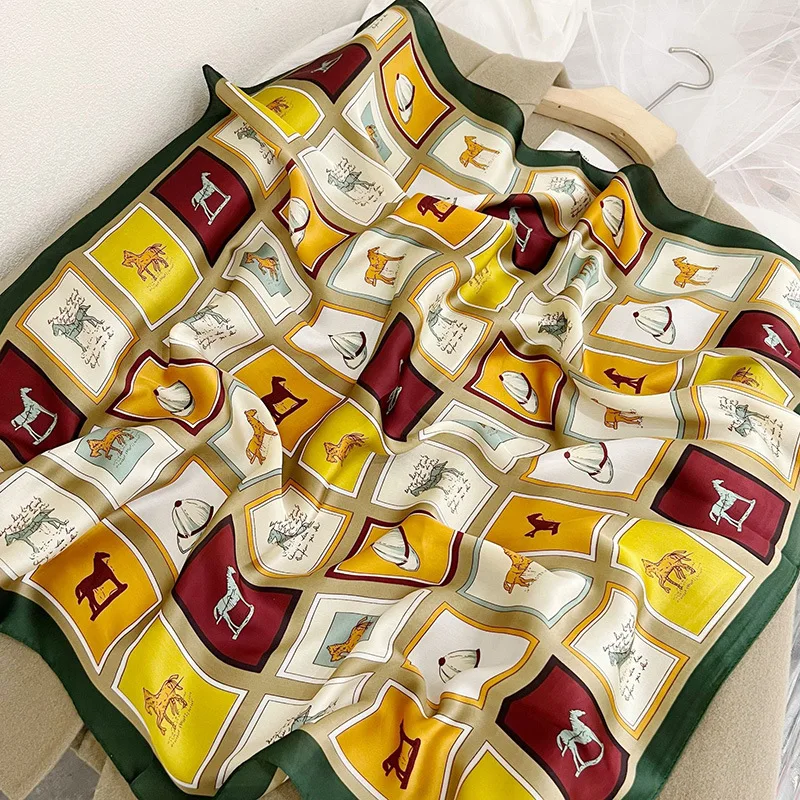 

Роскошная шелковая шаль, квадратный шарф с принтом лошади для женщин, атласный модный шейный платок, женские повязки для волос, лента, хиджа...