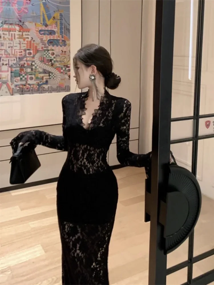 Ezgaga элегантные платья женские сексуальные с v-образным вырезом кружевные