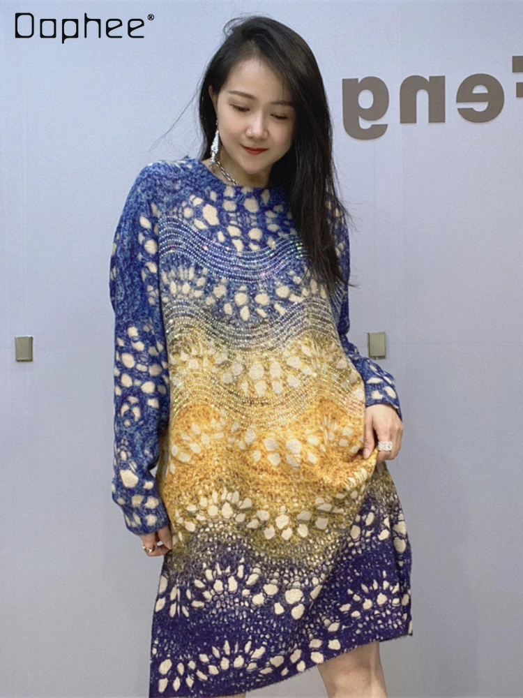 

Fashionable Round-Neck Long-Sleeved Pullover Dress Female 2023 Women's Autumn and Winter Clothing Thick Loose Knitted Dress