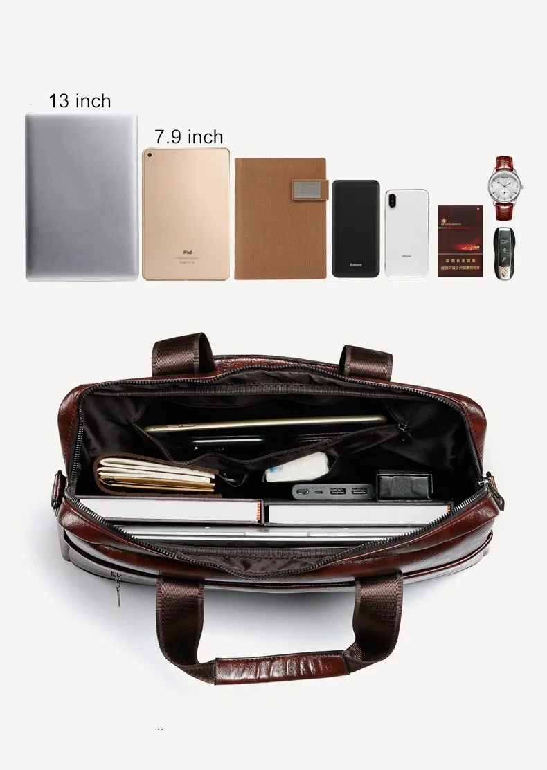 Men's Portable Bag Document Briefcase PU Leather Handbag Vintage Messenger Handbags Laptop Computer Official Leisure Business