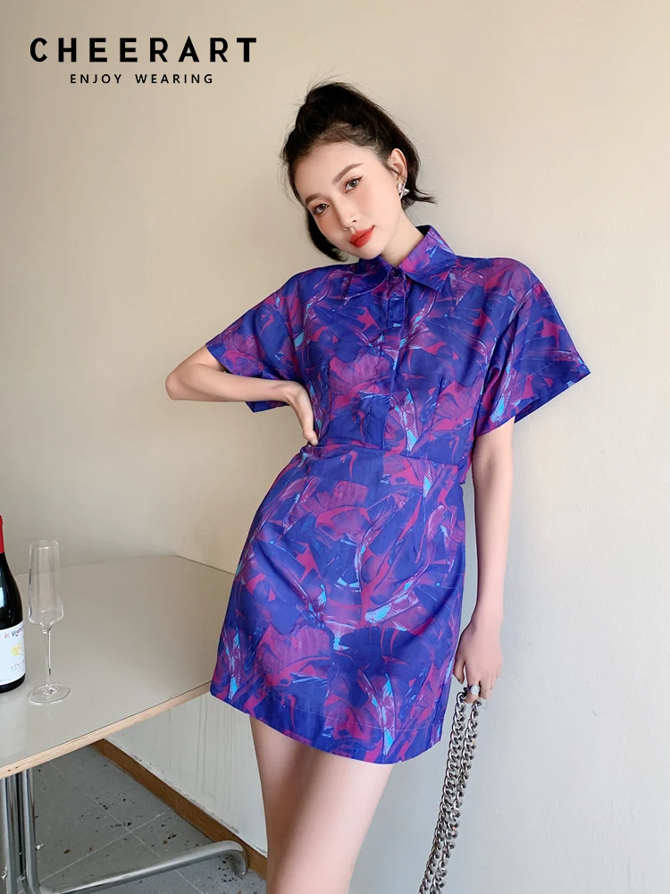 

Женское мини-платье-поло CHEERART, фиолетовое ТРАПЕЦИЕВИДНОЕ летнее платье с коротким рукавом и цифровым принтом, модель Y2k, 2022