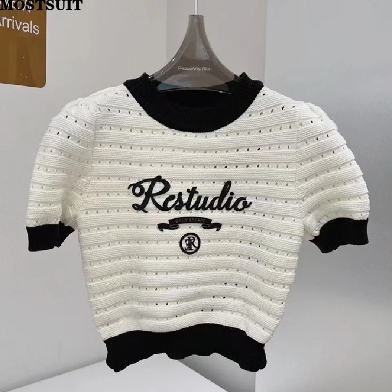 

White Letters Hollow Knit Crop Tops Sweater Women 2023 Summer Streetwear Slim Fashion Pullovers Short Sleeve O-neck Jumper Femme