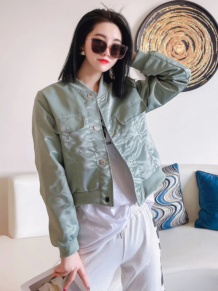 

KBAT Spring New Satin Short Jacket Long Sleeve Sunscreen Baseball Jackets Casual Loose Women's Jacket Casual Basic Coat