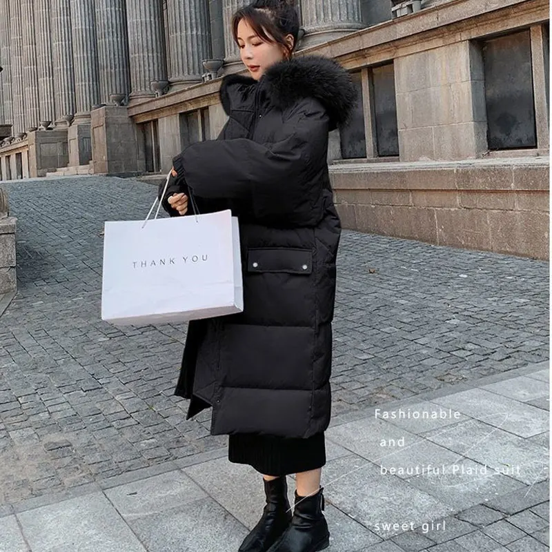 2022 Women Winter Hooded Down Padded Jacket Mid-length Korean White Loose Bread Jacket Thick Padded Jacket Tide Parker Overcoat