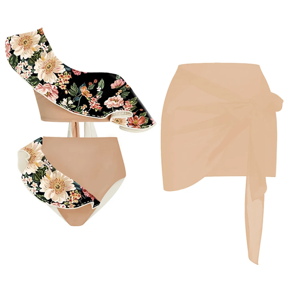 Retro Floral-print Swimsuit Split-joint the Shoulder Swimwear Women's Swimming Chic Ruffle Bikinis High Waist Bathing Suits Slim