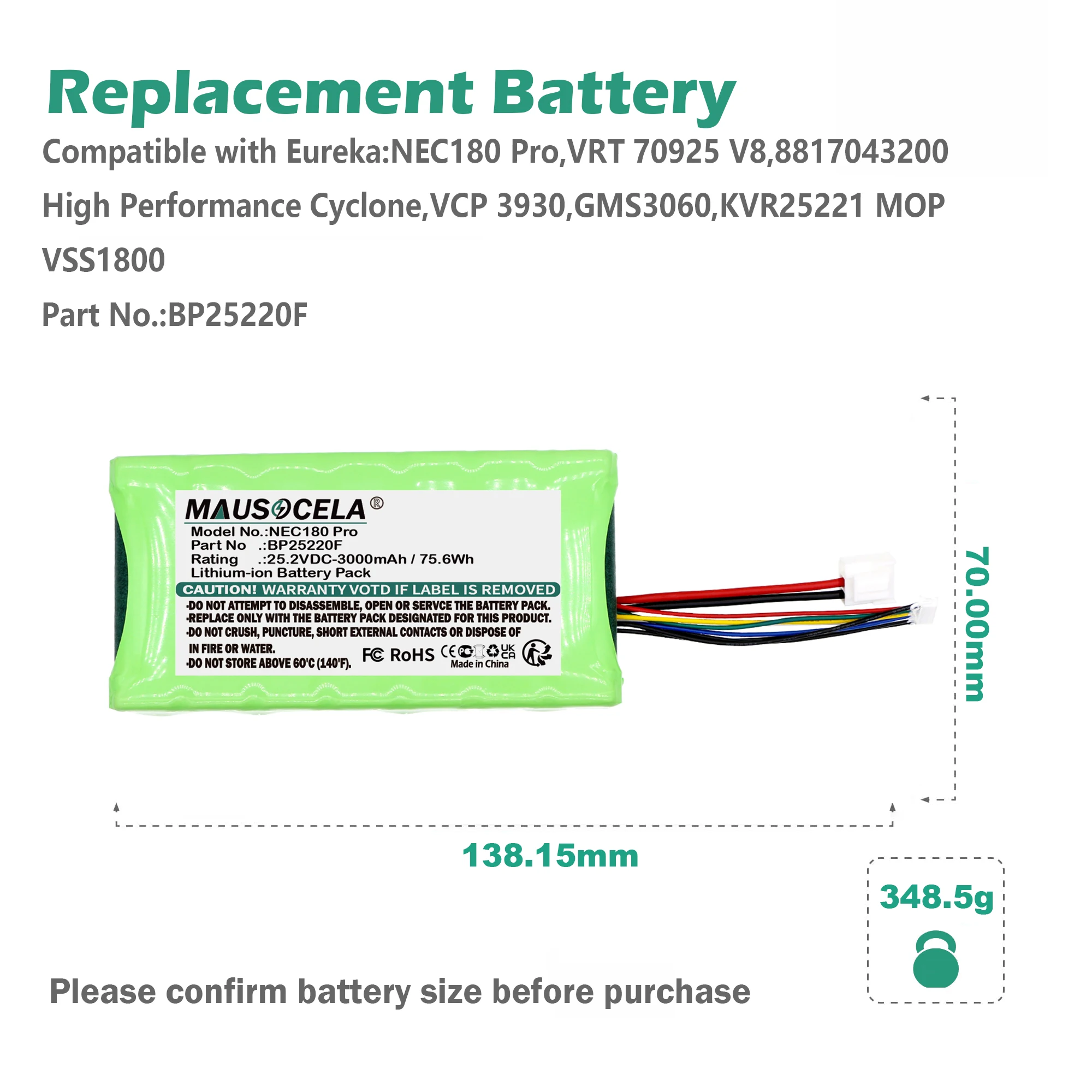 Фото Аккумулятор для пылесосов Eureka 3000 мАч: BP25220F, NEC180 Pro, VRT 70925 V8, VSS1800, VCP 3930, GMS3060, 8817043200, KVR25221 MOP, High Perform №4
