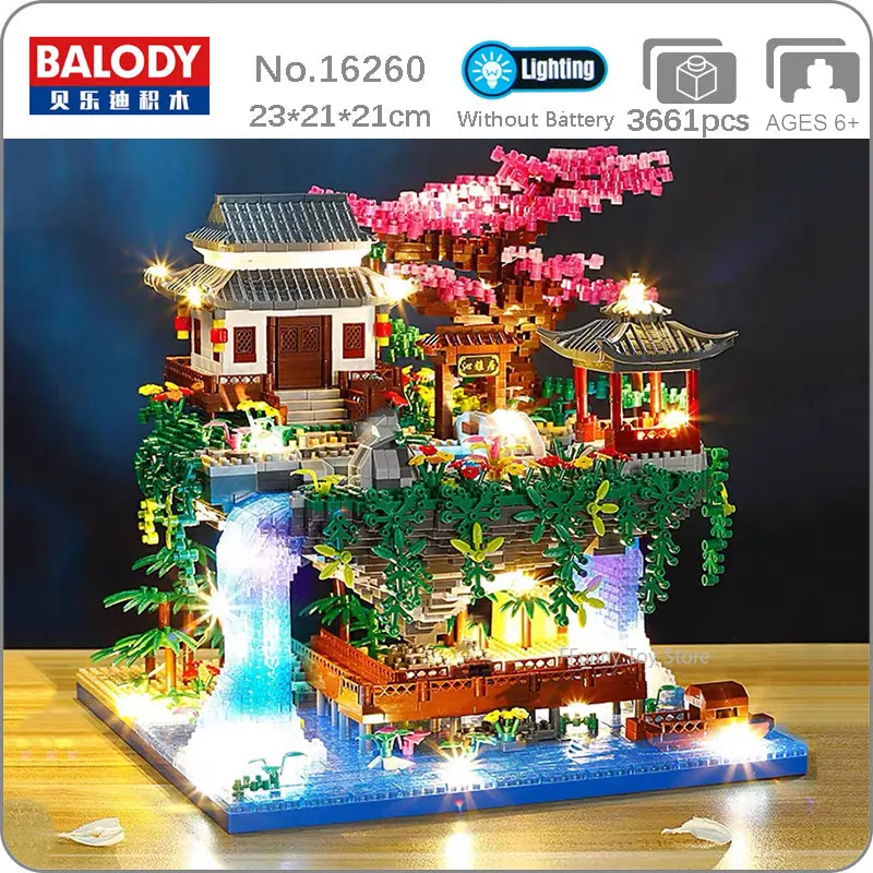 Balody 16260 World Architecture Temple Pavilion House Waterfall Pool LED Light 3D Mini Diamond Blocks Bricks Building Toy no Box
