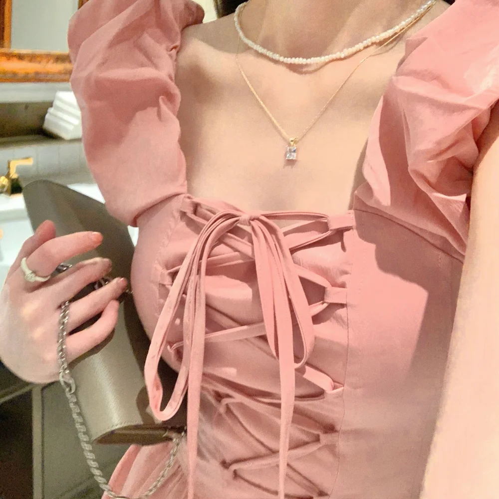

Korean Y2K Dress Sweet Kawaii Young Girls' Dress Gentle Simple Fit Flying Sleeve Sleeves Square Neck Lace Up Pink Dress Party