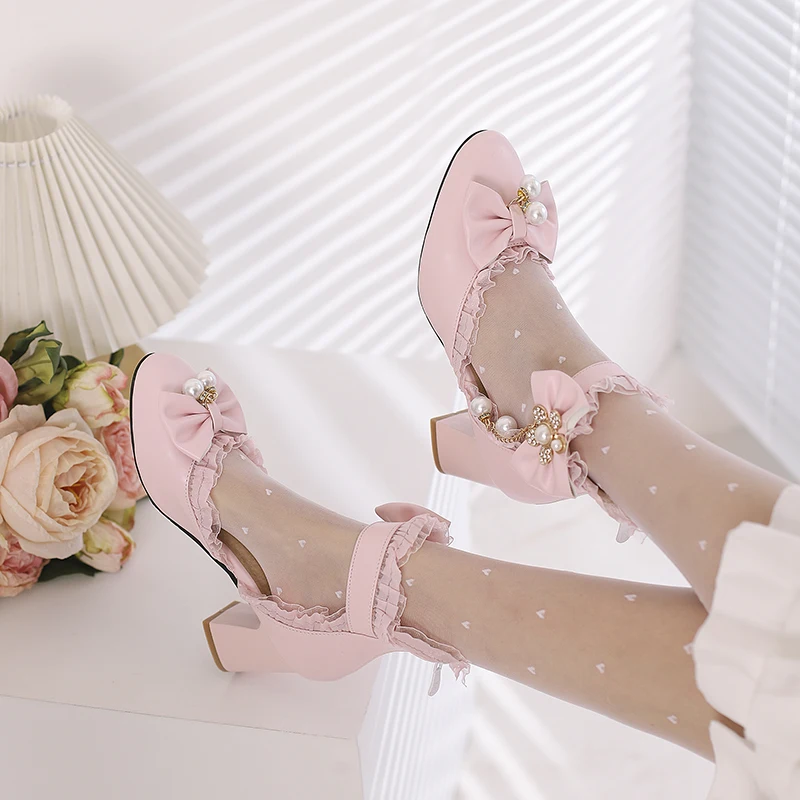 Spring women pumps  plus size 22-26.5cm Pearl chain mesh bow ankle buckle Lolita shoes Rhinestone flower cute mary jane shoes