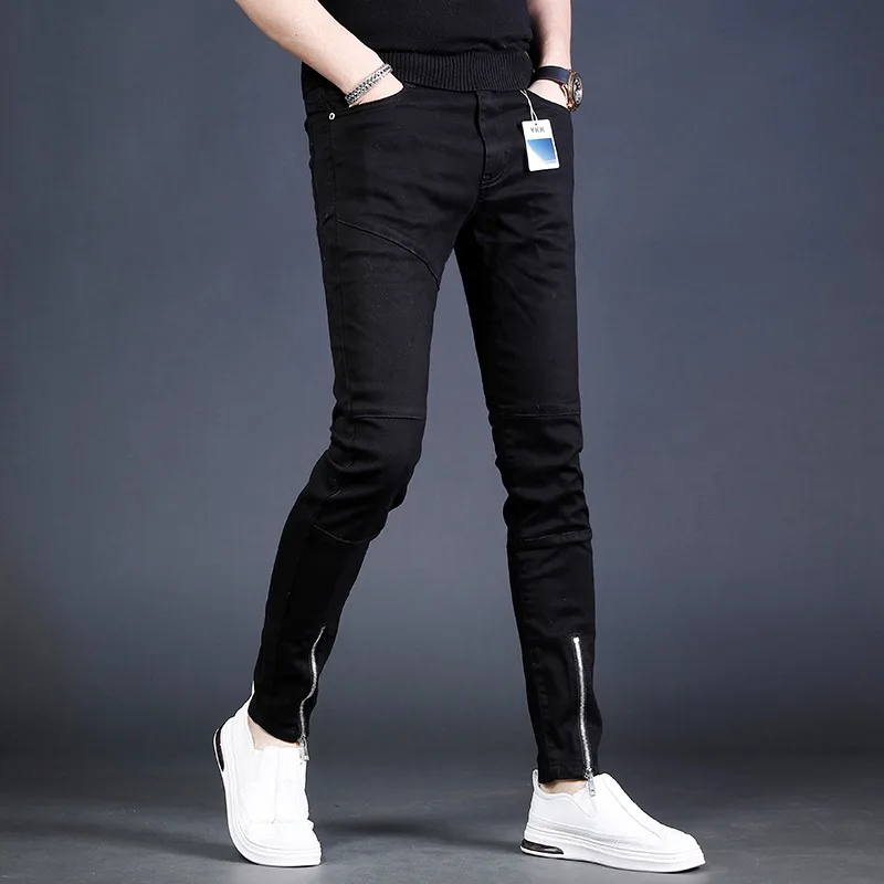 Summer Black Jeans Men Fashion Zipper Pencil Pants Streetwear Casual Stretch Slim Fit Cotton Denim Trousers