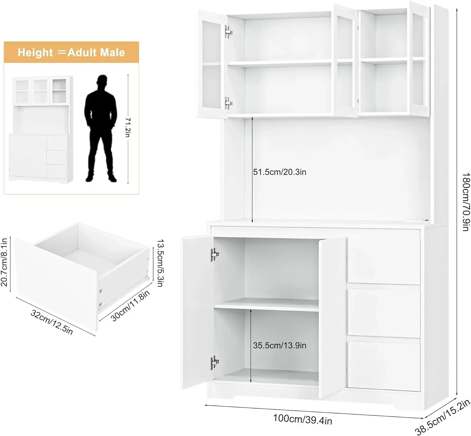 Высокий кухонный буфетный шкаф 71 дюйма с фотовспышкой и зарядной станцией