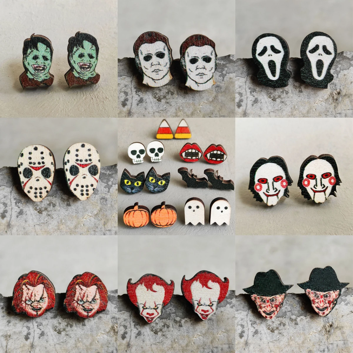 

Halloween Holiday Studs Cut Wood Horror Ghost Skull Bloody Head Black Bat Cat Pumpkin Stud Earrings Punk Gothic Jewelry Gifts