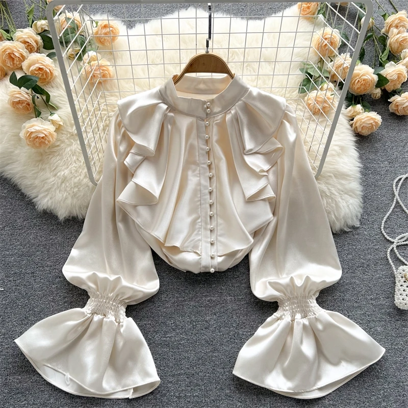 

Women Ruffles pearls Shirt New Style Stand Neck Long Sleeve Fashion Temperament Spring Summer Lady Blouses 2022
