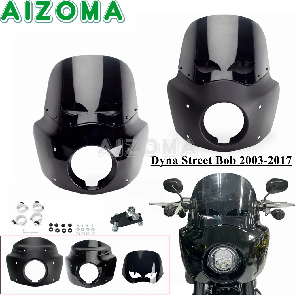 

For Harley Street Bob Headlight Fairing Cowl 12inch Windshield Cover W/ Head Lights Relocation Block Fits 2006-2017 Dyna FXDB