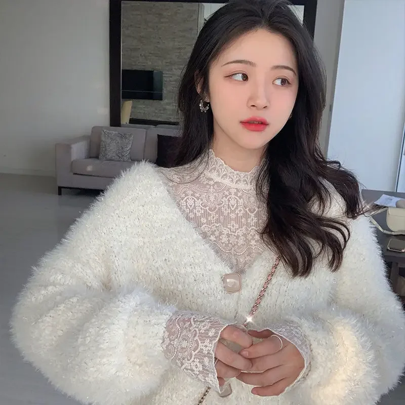 Блузка женская кружевная осенняя рубашка с длинным рукавом и высоким воротником