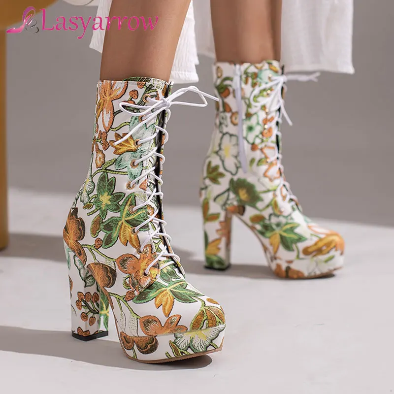 

Lasyarrow Women Print Flower Super High Heel Boots Ladies Platforms Lace-up Round Toe Floral Boots Bohemia Shoes Plus Size 32-48