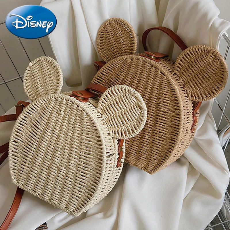 

Disney Mickey 2023 New Straw Fancy Bag Cartoon Cute Women's Handbag Rattan Travel Leisure Vacation Small Round Beach Bag