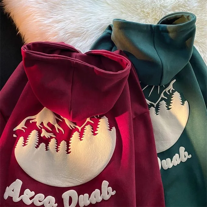

Harajuku wine red 3D foaming hoodies women snowberg print thick sweater senior loose women sweatshirt y2k goth korean clothes