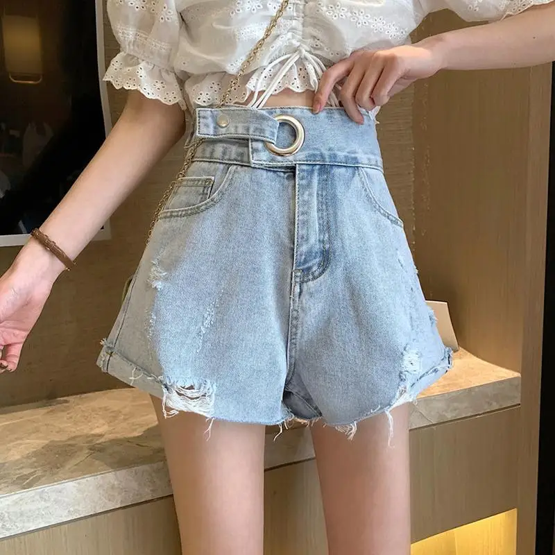 

Women 2022 Summer Fashion Denim Shorts Female Adjust High Waist Shorts Wide Legs New Ladies All-match Cotton Jean Shorts S61