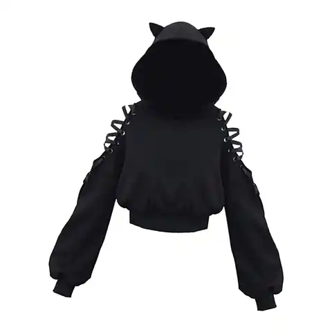 Women's Cat Ear Hoodie Pullover Hoodies Blouse Tunic Lace Up Hollow Out Oversized Loose Cute Crop Top Sweatshirt for Teen Ladies