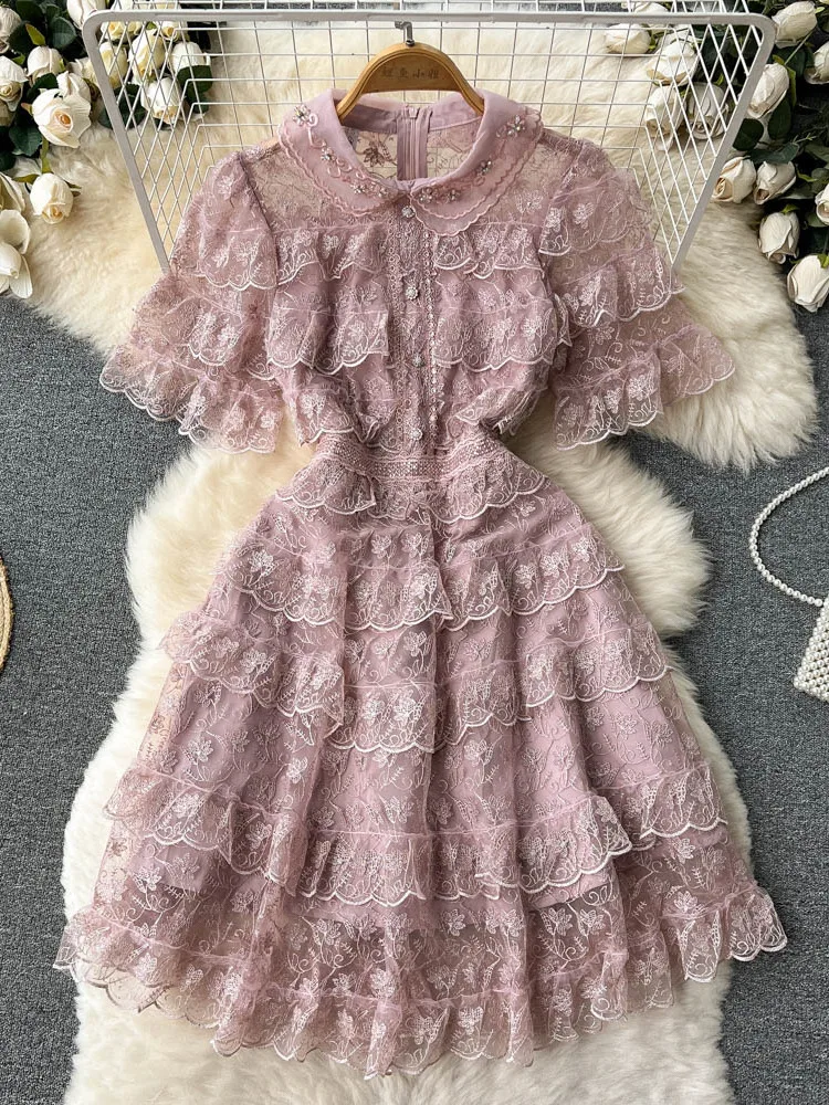 

New Summer Pink Lace Embroidery Mini Dress Female Short Sleeve High Waist Ruffles Elegant Runway Cascading Dresses Vestidos