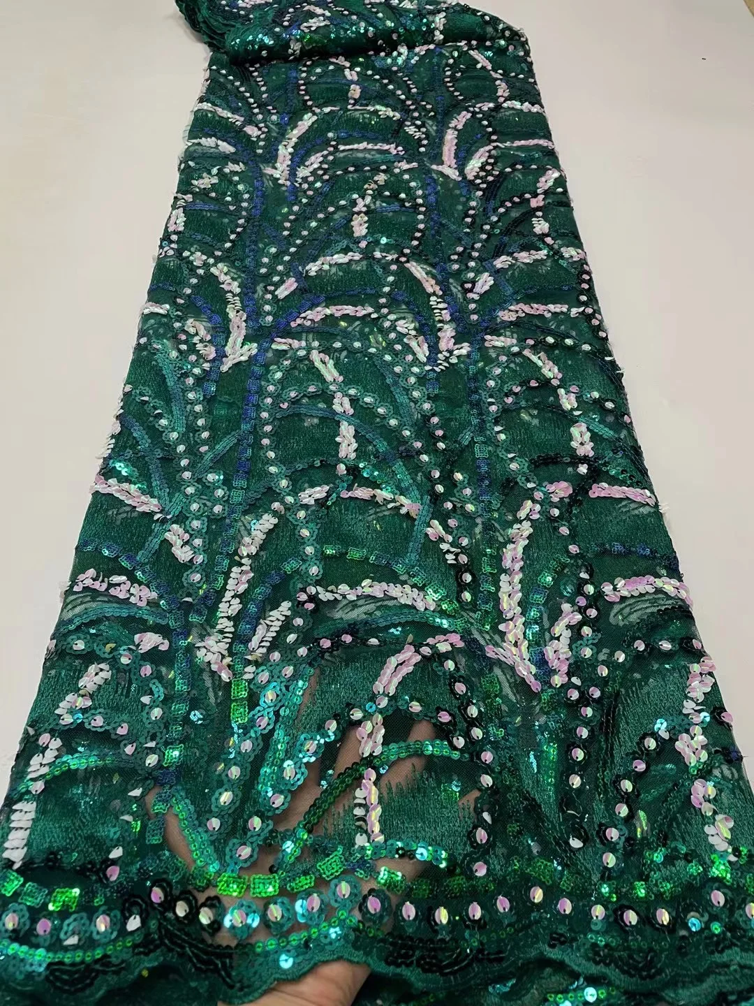 

African Latest 5 Yards Fabric High Quality Sequins Tulle Lace Handmade Luxury Beads Nigerian Traditional Lace Bride Wedding Sew