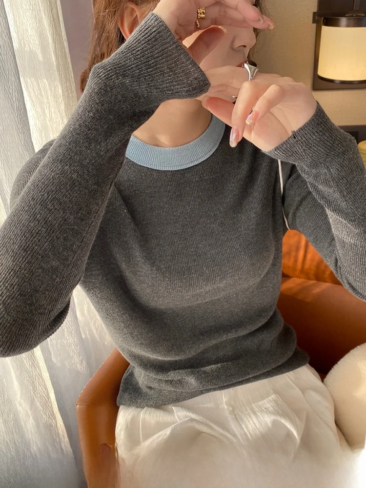 Серая трикотажная нижняя рубашка с воротником-стойкой женская внутренняя одежда