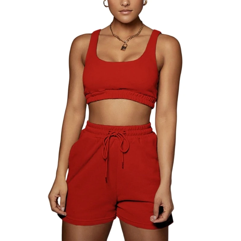 

Womens Lounge Set 2-Piece Outfits Sleeveless Crop Top T-shirt Drawstring Shorts Summer Sweatsuits 2023 Casual Tracksuits