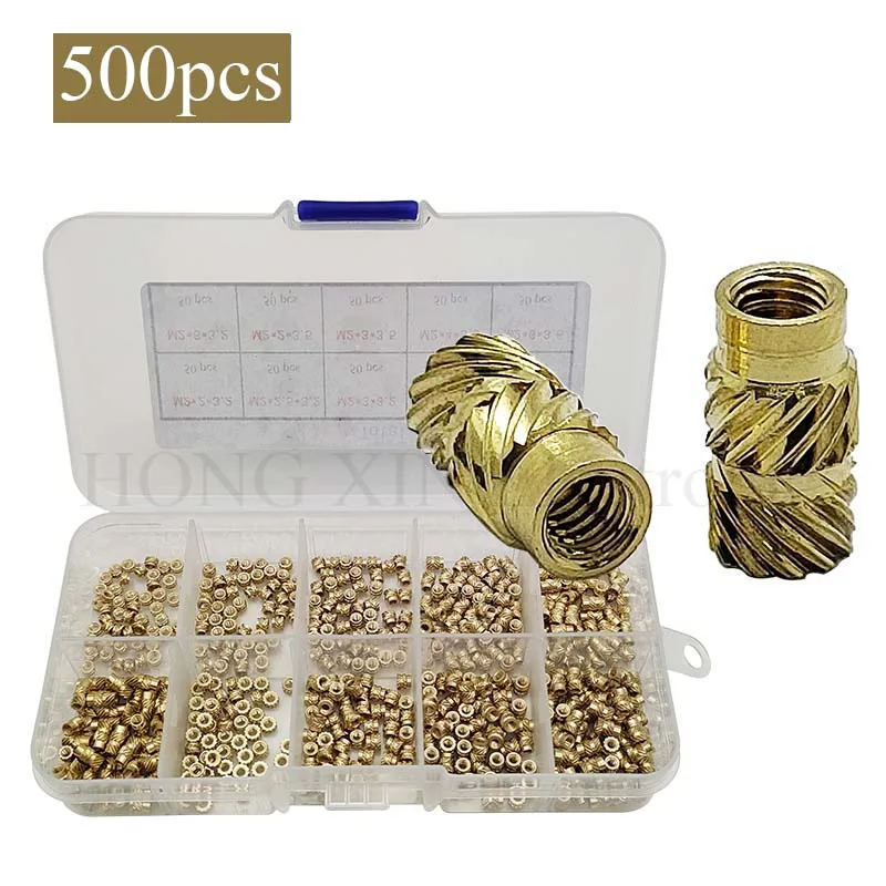 

500 шт. рифленые гайки с резьбой M2Female, латунная Резьбовая вставка, встраиваемые гайки, гидравлические сварные соединения, набор в ассортименте для литья под давлением