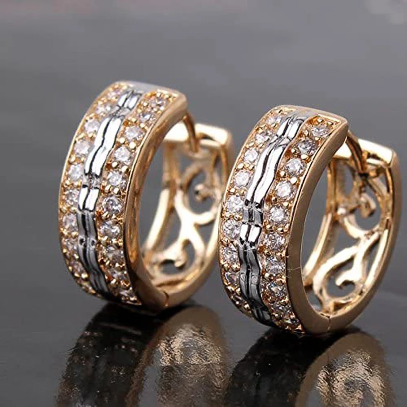 

Huitan Newly-designed Two Tone Hoop Earrings for Women Micro Paved CZ Hollow Out Pattern Chic Female Fashion Jewelry