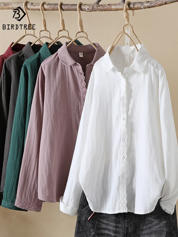 

New Autumn Cotton Shirts Woman Basics Solid Tops Girl Long Sleeve Single Breasted Lace Loose Elegant Blouses Spring T39263QM