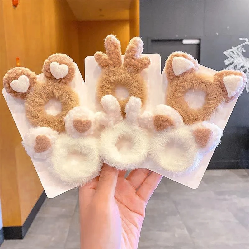 

2pcs Women Girls Cute Antlers Cat Ears Plush Elastic Hair Bands Winter Sweet Hair Decorate Scrunchie Hair Tie Hair Accessories