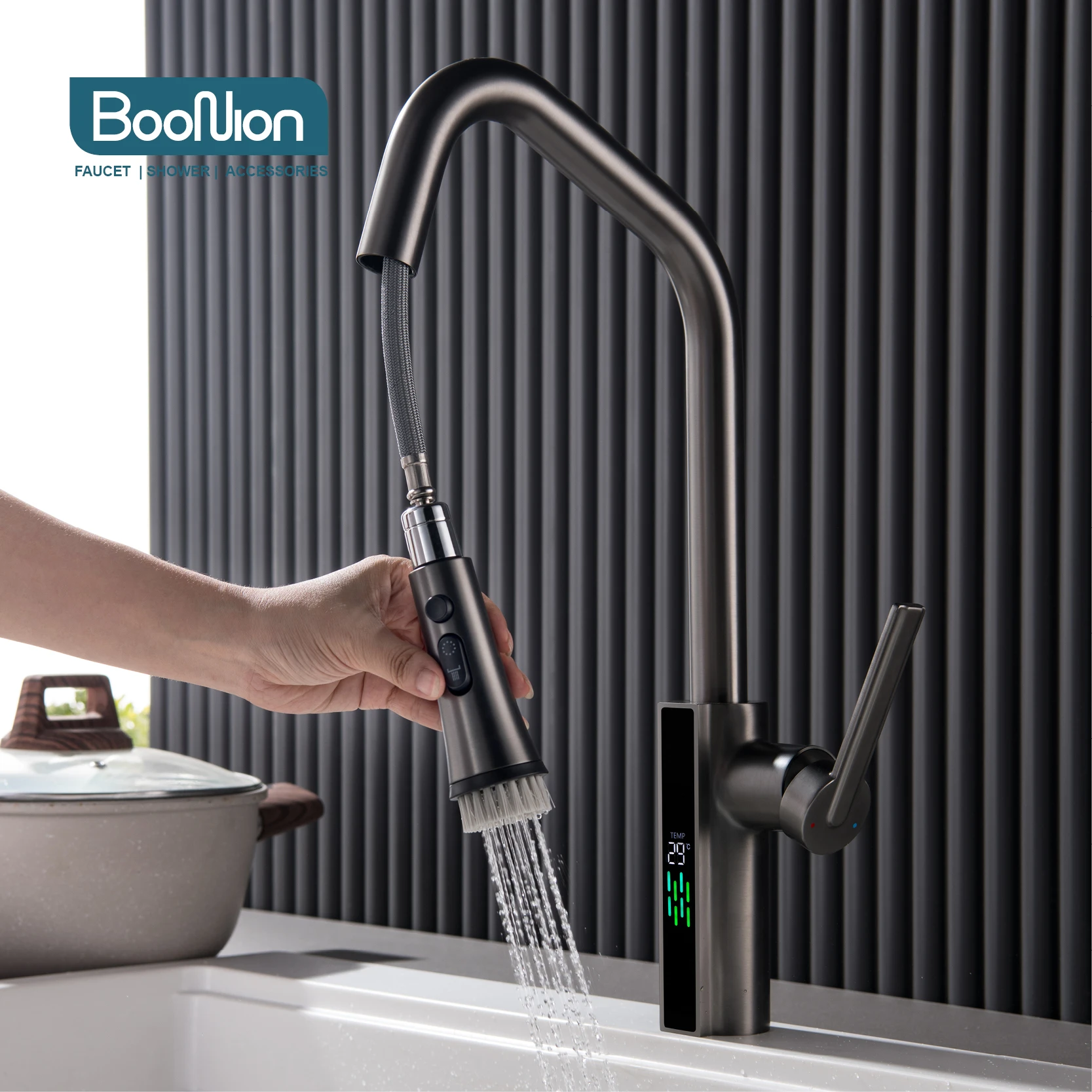 

Латунный эргономичный кухонный кран с цифровым дисплеем температуры горячей и холодной воды, три режима воды, которые можно вытащить черного цвета