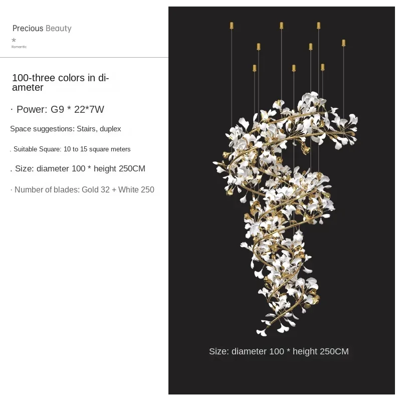 * Лестница с листьями гинкго длинная люстра роскошная элегантная вилла гостиная