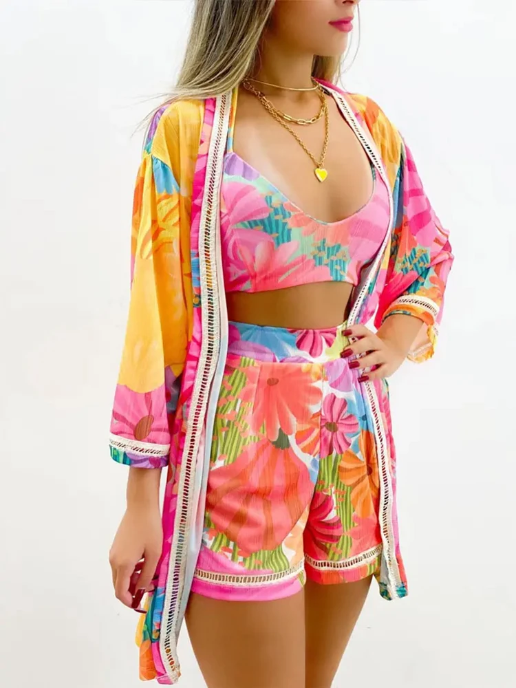 

Shein Romwe 2022 Set Of Three Fashion Pieces For Women Tropical Print Crop Top & Shorts Set With Blouse Urban Shorts Set
