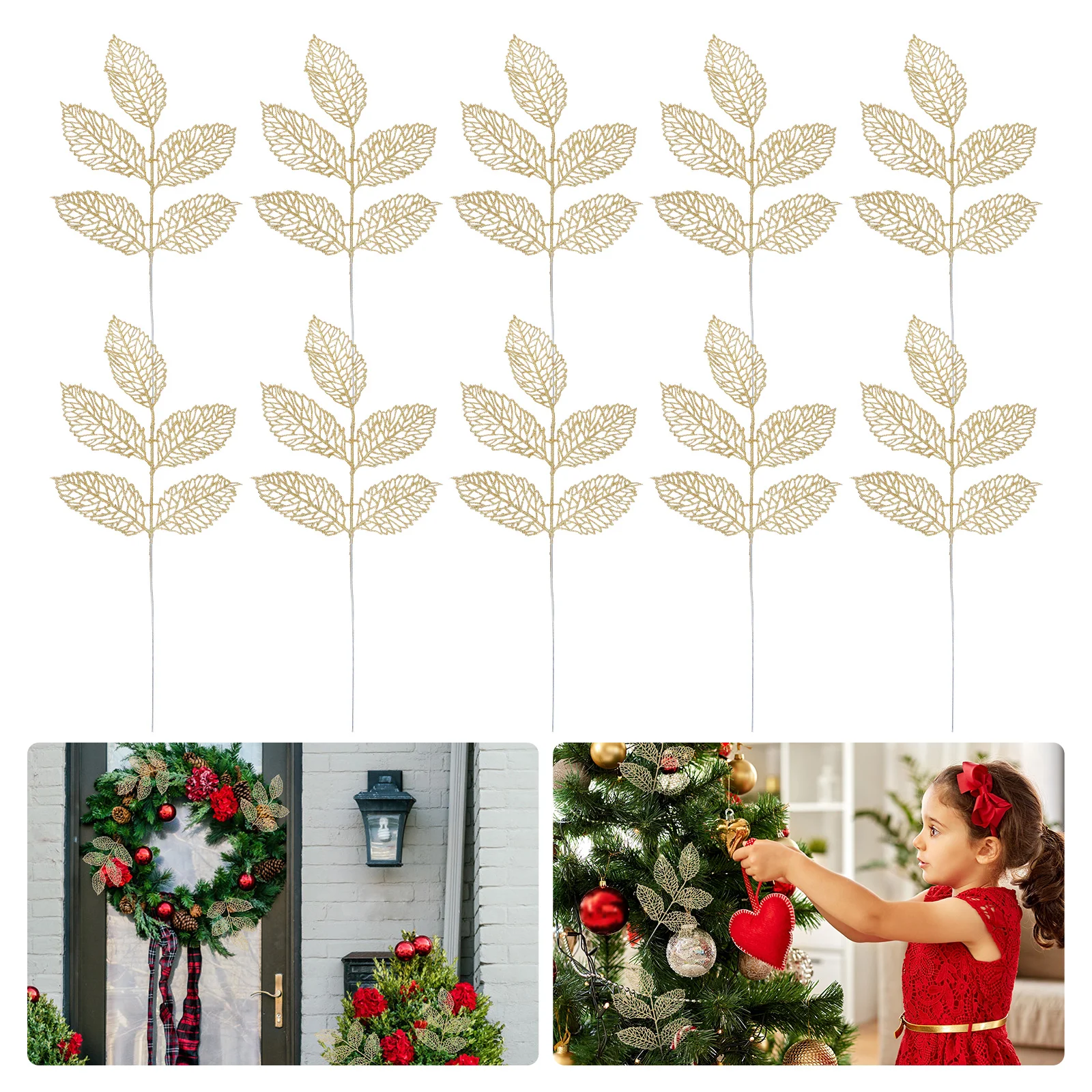 

Leaves Christmas Glitter Artificial Picks Treeleaf Decor Diyfloral Fake Stems Branches Ornament Stem Supplies Wreath Adornment
