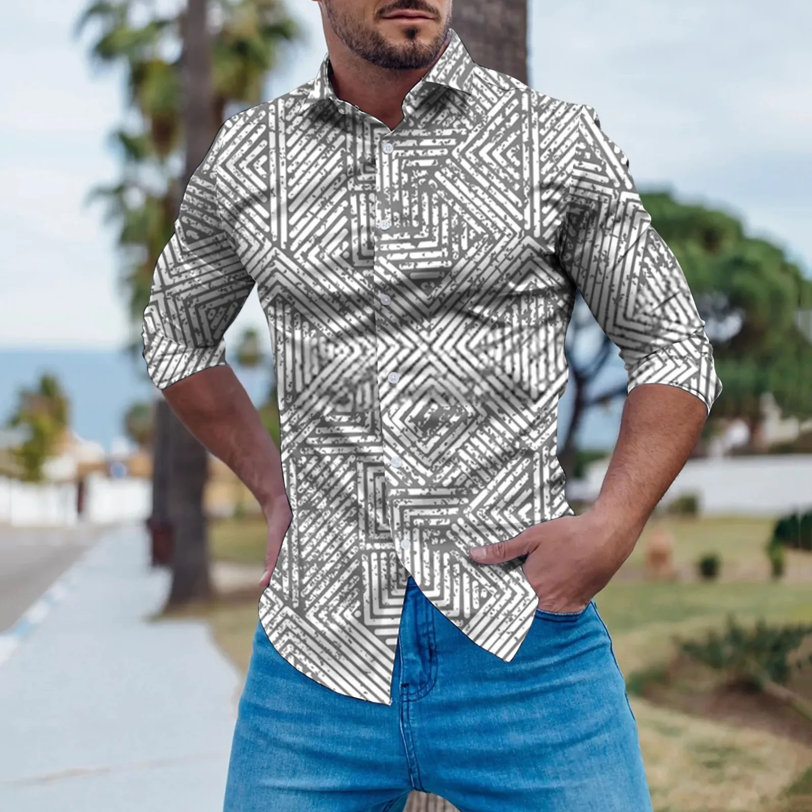 

Duds Men Tops Mens Fashion Casual Striped Color Block Splicing Lapel Button Lightweight Long Sleeve Shirt Men Male Jumpsuit