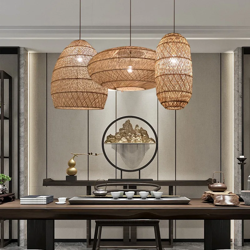 

Плетеная Подвесная лампа из натурального ротанга, винтажный светильник в китайском стиле для гостиной, столовой, фермерского дома