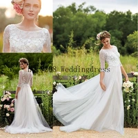 spring wedding dresses with half sleeves plus size scoop tulle floor length floral appliqued lace bridal gowns