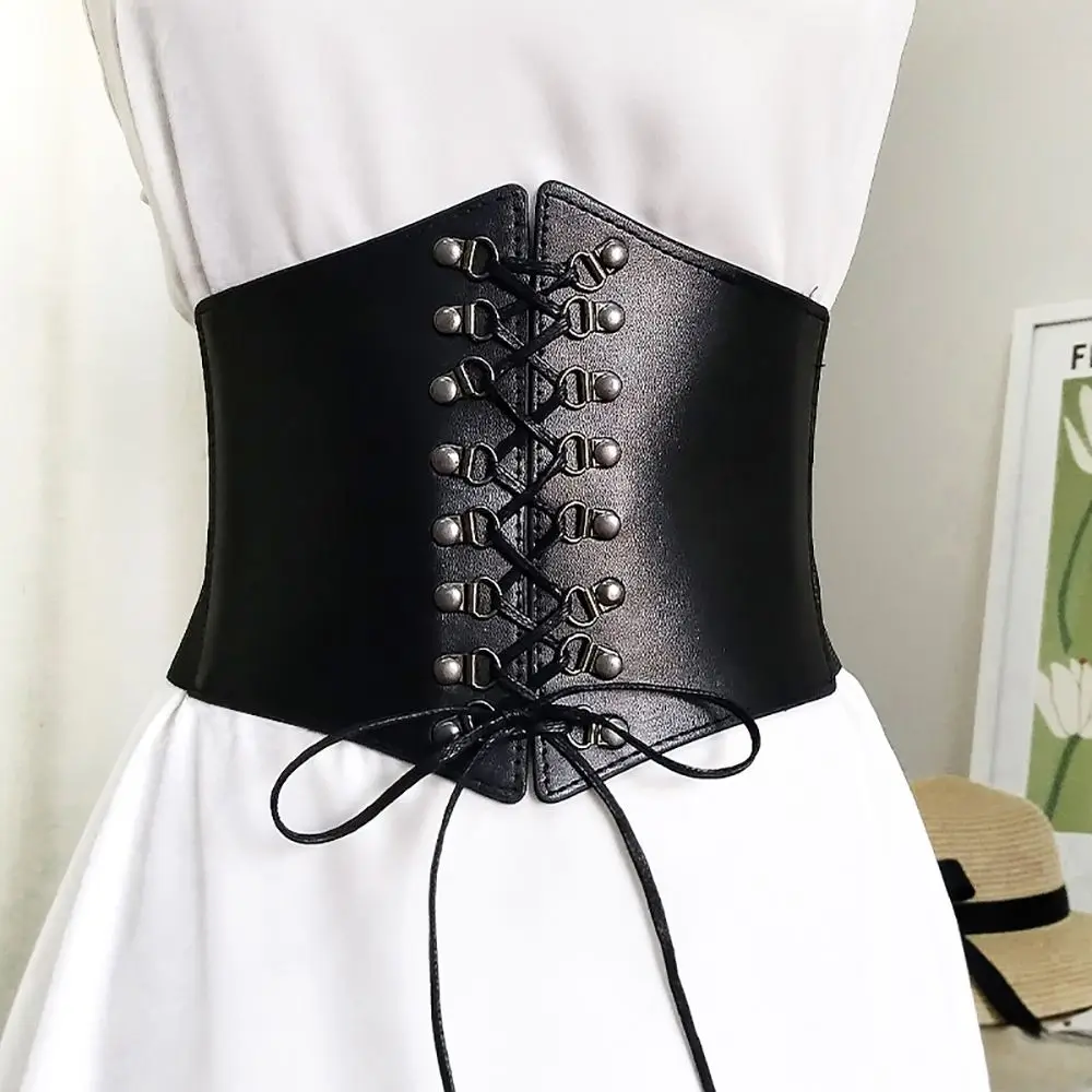 

Corset Metal Buckle Rivet High Waist Bandage Wide Waistband PU Leather Cummerbund Elastic Waist Strap Skirt Decorations