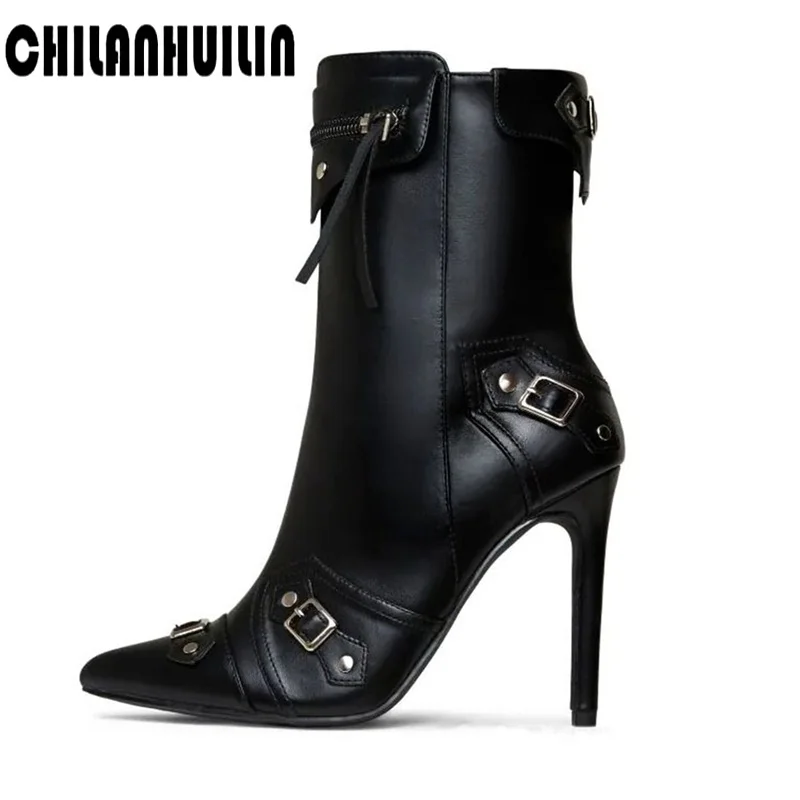 

Женские ботильоны с заклепками, черные ботинки из микрофибры, с острым носком, на высоком каблуке, в западном стиле