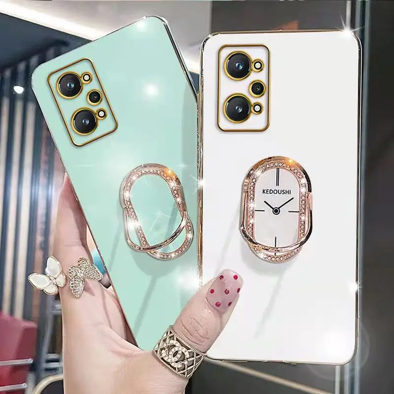 

For Realme GT 2 Pro Luxury Straight Edge Electroplating Phone Case All-inclusive Fine Hole Lens Protection Soft Cover With Ring